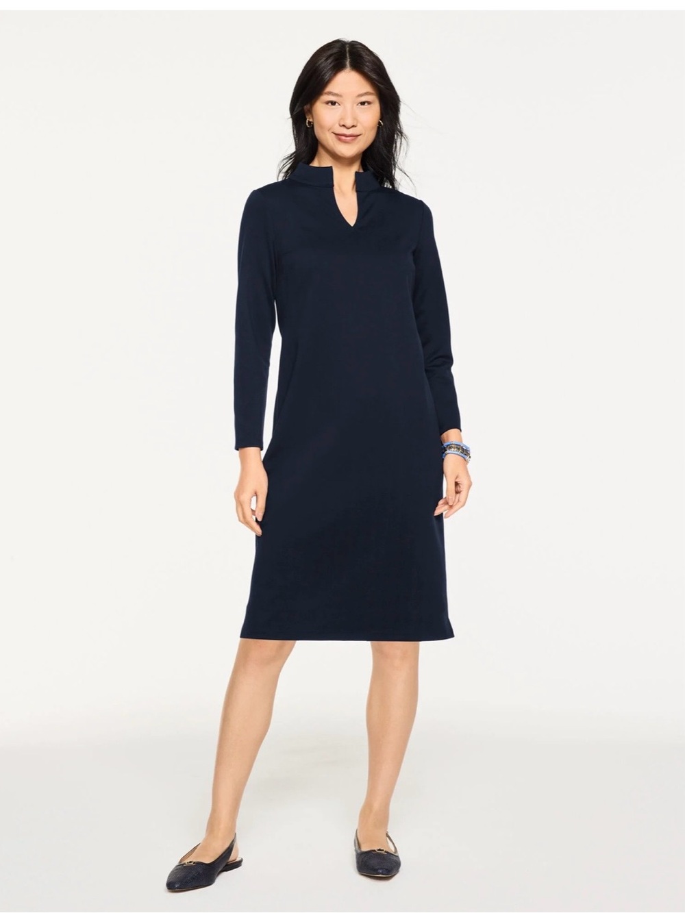 Talbots Navy Split-V Long Sleeve Sheath Dress